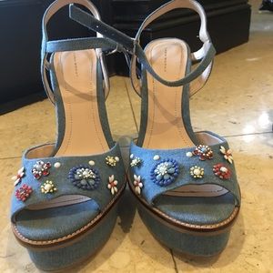 Zara platform denim and embellished floral heels